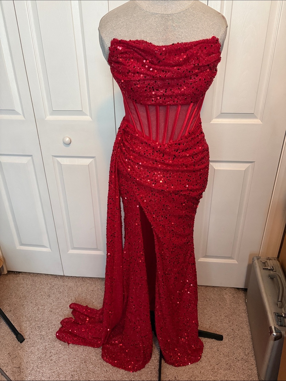 Strapless Red Sequin Corset Evening Gown 4th Fourth of July USA Valentines Day M